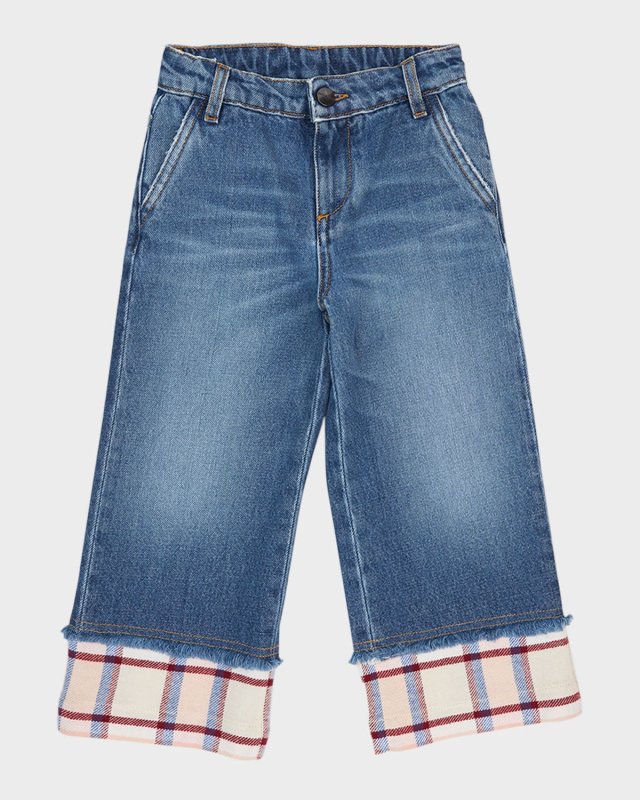 Girl's Check-Print Trim Medium Wash Jeans, Size 4-